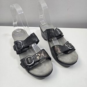 Dansko Sophie Black Shagreen Metallic Buckle Clog Sandals